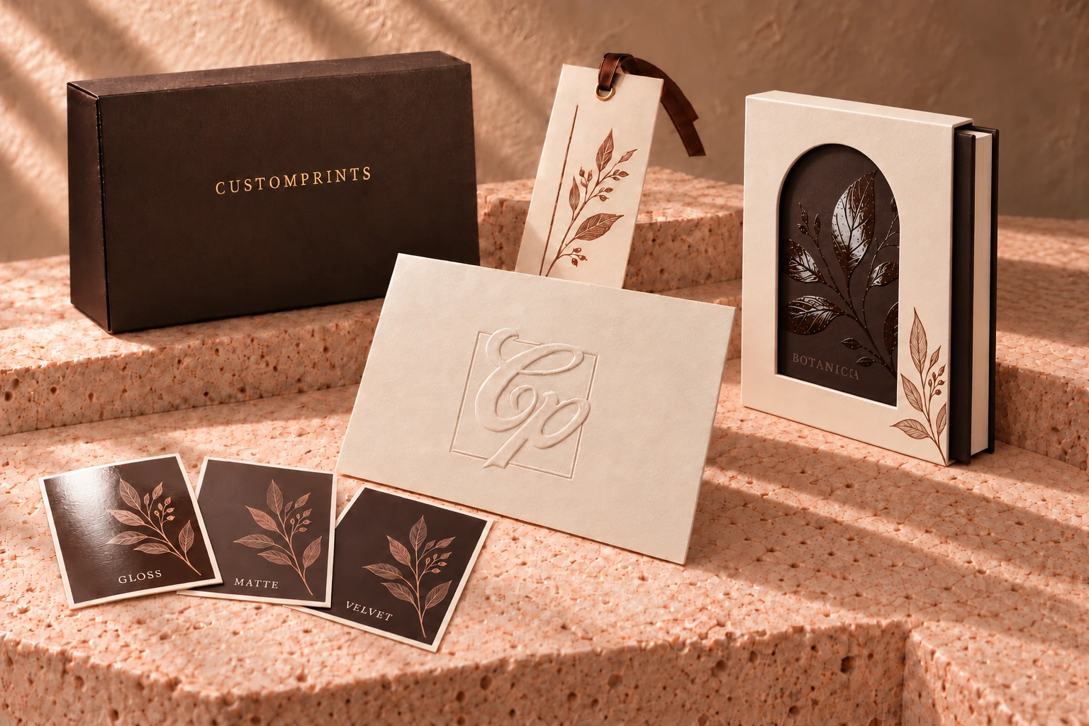 Styled print finishes: foil-stamped packaging and tag, an embossed CP logo, a matte book with spot UV botanical details paired with an ivory arch die-cut box sleeve, and gloss, matte, and velvet lamination swatches