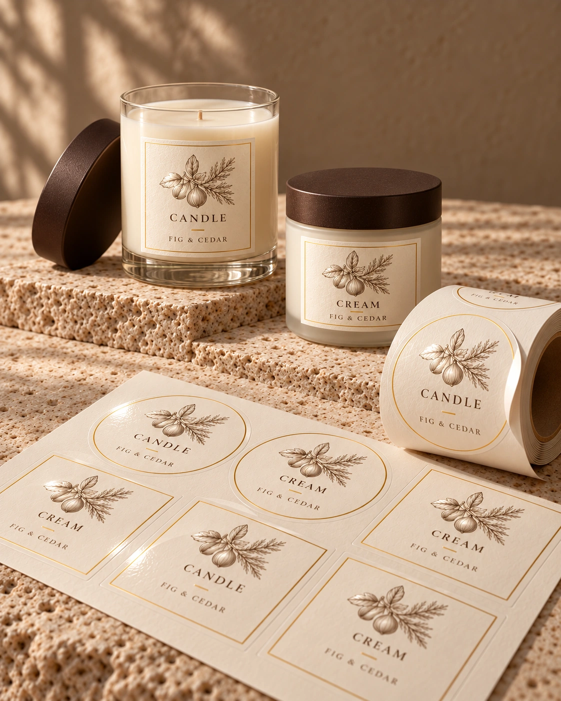 Styled concept of a candle, skincare jar, sticker roll, and die-cut label sheet with a coordinated botanical brand identity