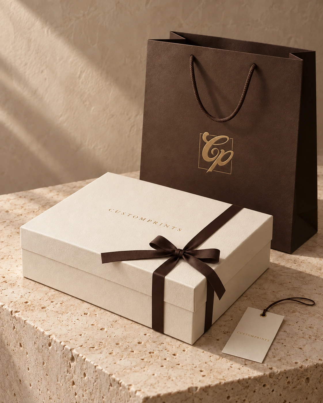 Styled concept of an ivory gift box and espresso paper bag with a subtle gold CP monogram
