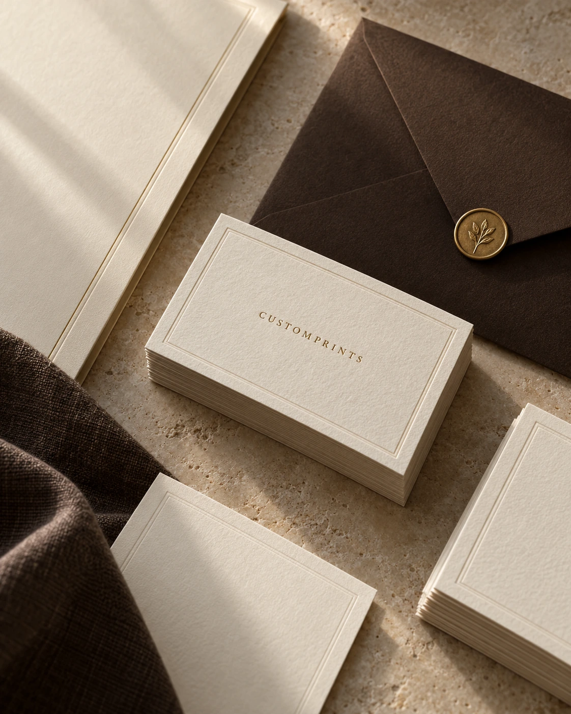 Styled concept of textured ivory stationery and an espresso envelope with restrained gold detail